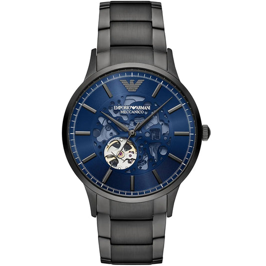 Emporio Armani Renato Meccanico automatic watch with blue sunray dial and visible movement