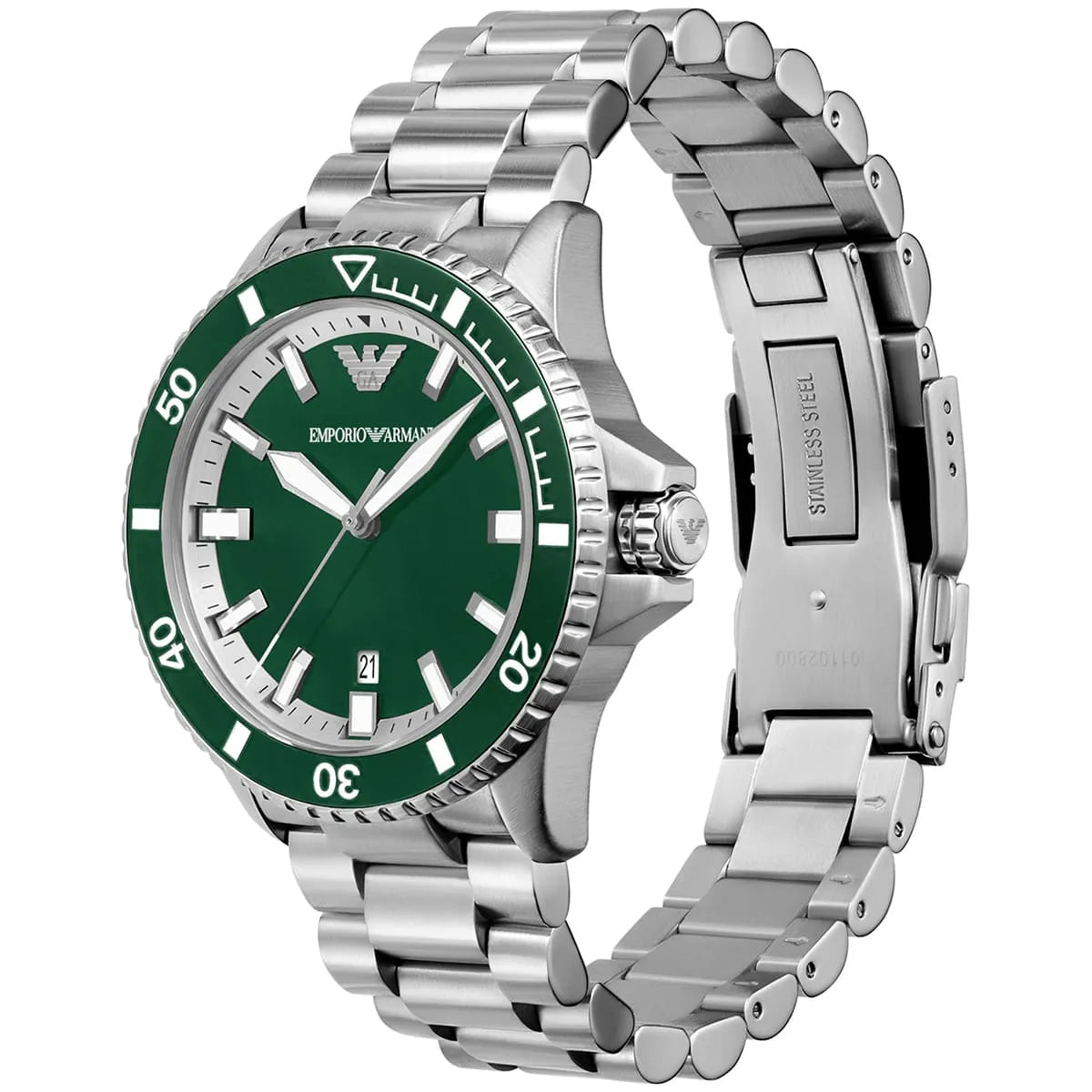 Side angle view of Sea Explorer watch showing green bezel, bracelet, and caseback