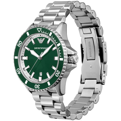 Side angle view of Sea Explorer watch showing green bezel, bracelet, and caseback