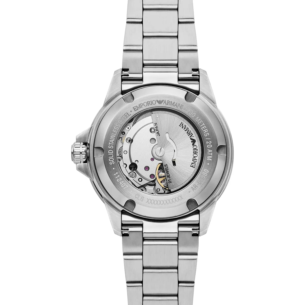 Sea Explorer caseback showing automatic movement and Emporio Armani engraving