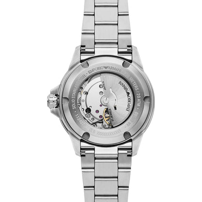 Sea Explorer caseback showing automatic movement and Emporio Armani engraving