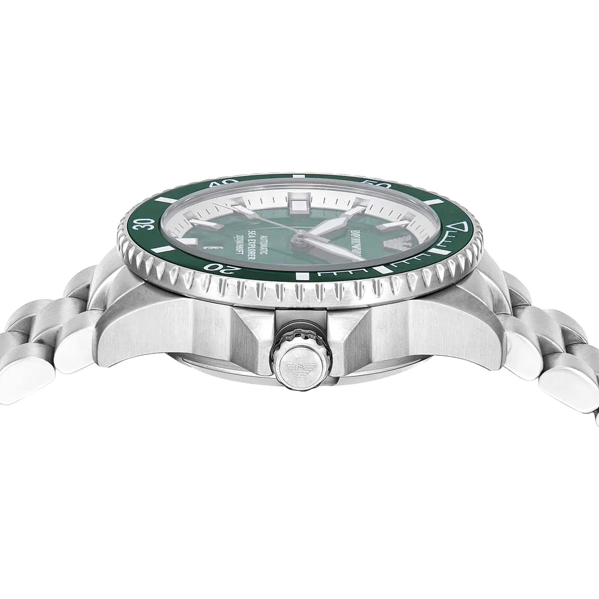 Top-down view of Sea Explorer dial with hour markers, date window, and rotating bezel