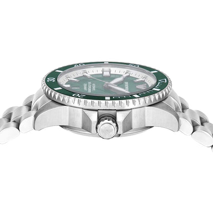 Top-down view of Sea Explorer dial with hour markers, date window, and rotating bezel