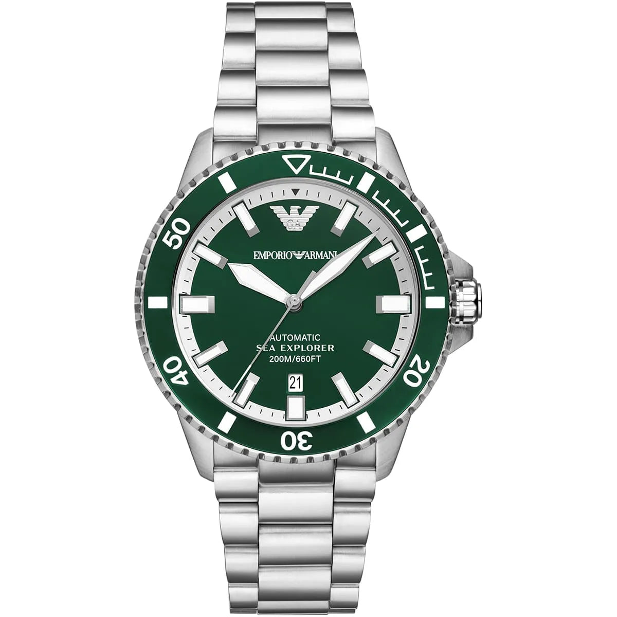 Emporio Armani Sea Explorer watch with green dial, white hour markers, stainless steel case and bracelet