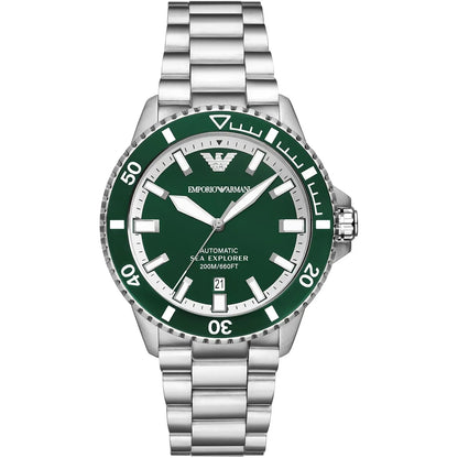 Emporio Armani Sea Explorer watch with green dial, white hour markers, stainless steel case and bracelet