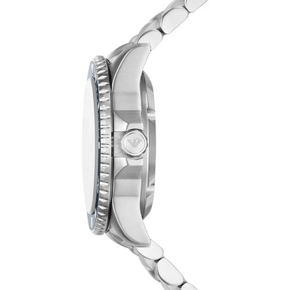 Side profile of Sea Explorer watch showing case depth and stainless steel bracelet