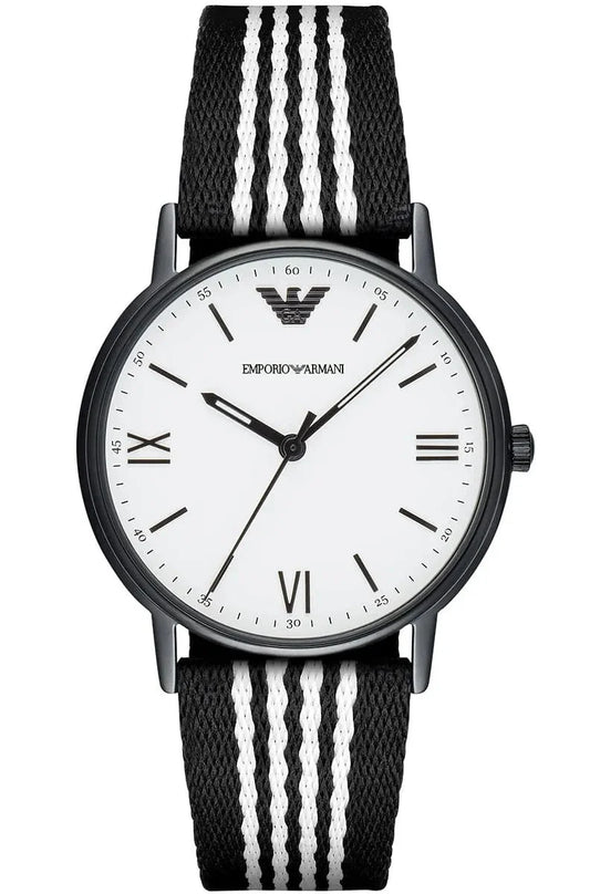 Emporio Armani Kappa men's watch with white dial, Roman numerals, black case, and black and white striped nylon strap