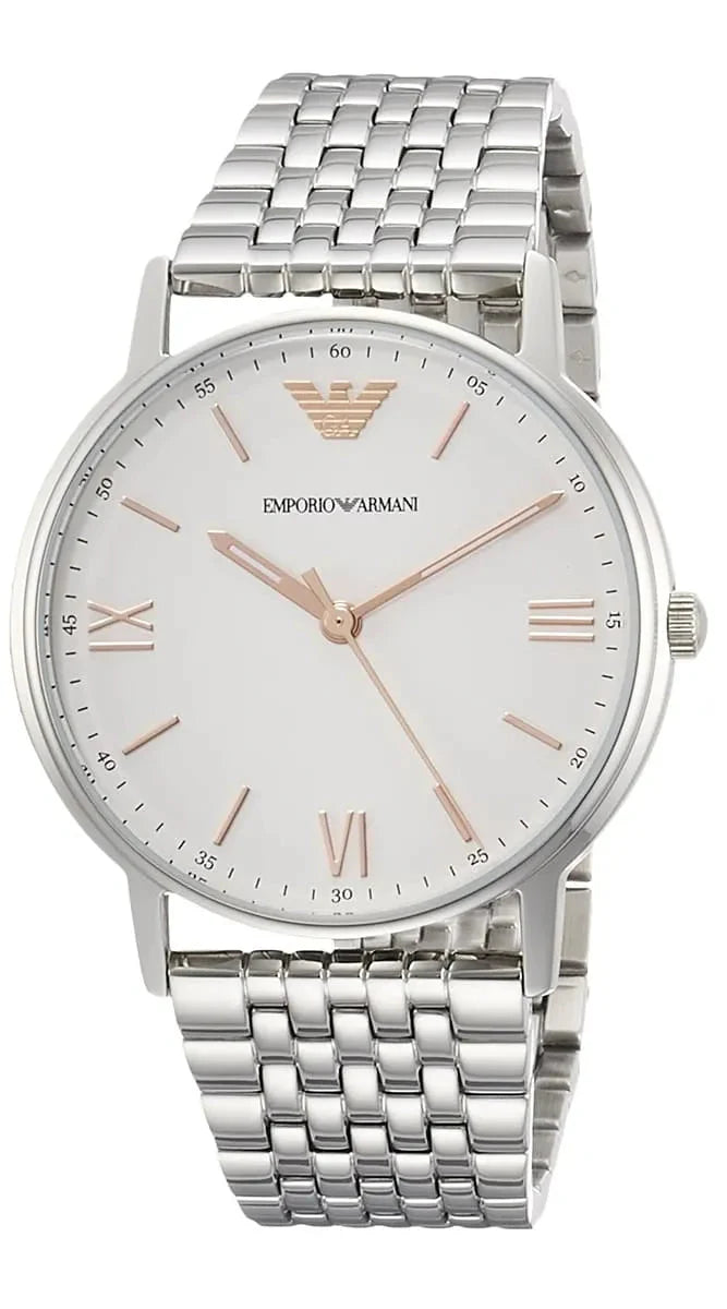 Emporio Armani Kappa watch angled view showing white dial and linked stainless steel bracelet