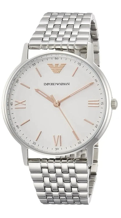 Emporio Armani Kappa watch angled view showing white dial and linked stainless steel bracelet