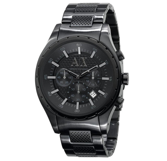 Armani Exchange AX1058 all-black chronograph watch with black dial and stainless steel bracelet