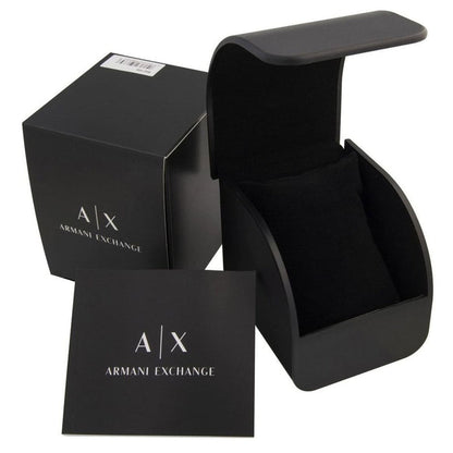 Armani Exchange AX1605 watch packaging including black gift box and Armani Exchange pouch