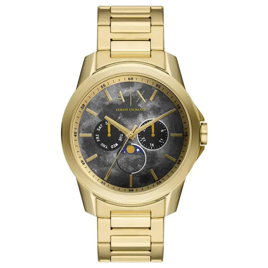 Armani Exchange AX1737 gold moonphase watch with dark dial and gold bracelet