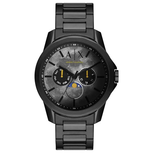 Armani Exchange AX1738 black moonphase watch with dual chronograph subdials and gold accents