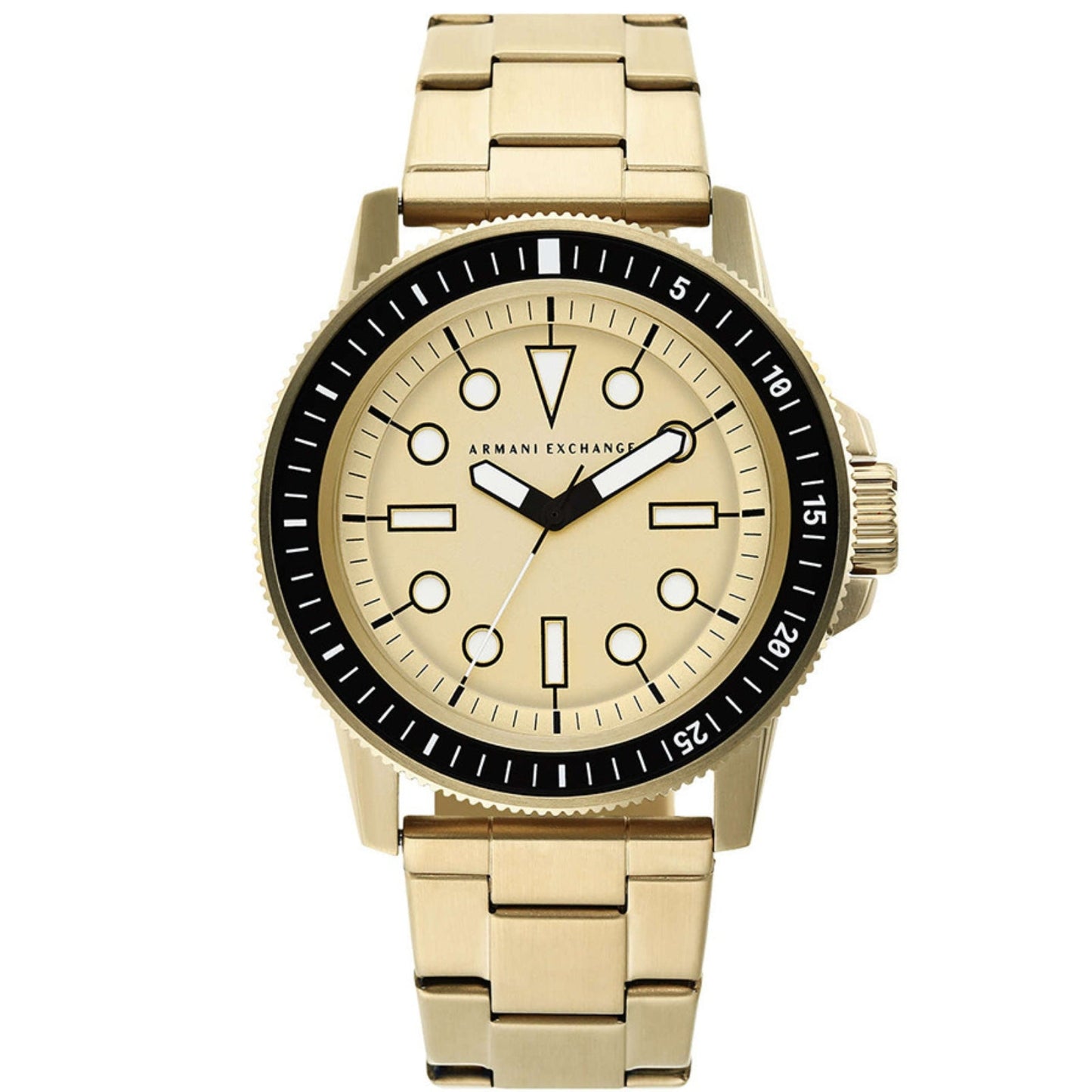 Armani Exchange Leonardo gold watch with cream dial and black bezel, frontal view