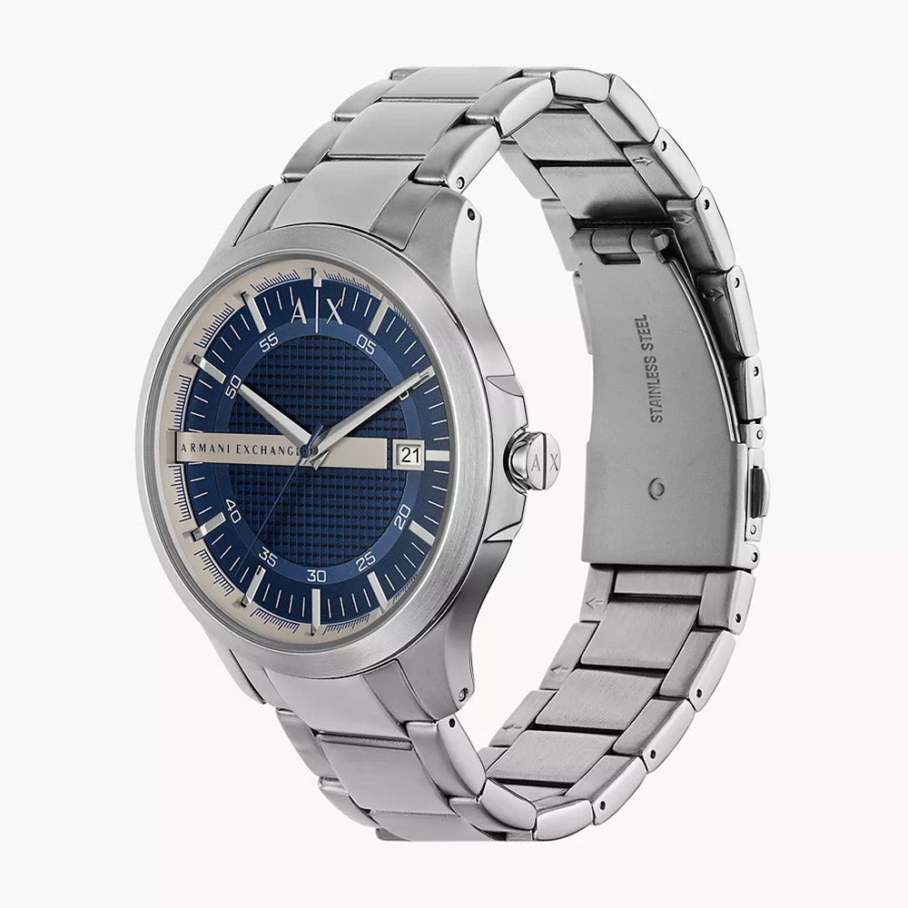 Armani Exchange AX2451 watch shown at angle displaying dial and three-link silver bracelet