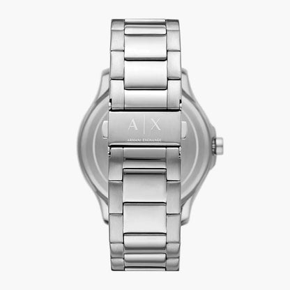 Armani Exchange AX2451 watch caseback view showing silver-tone stainless steel bracelet