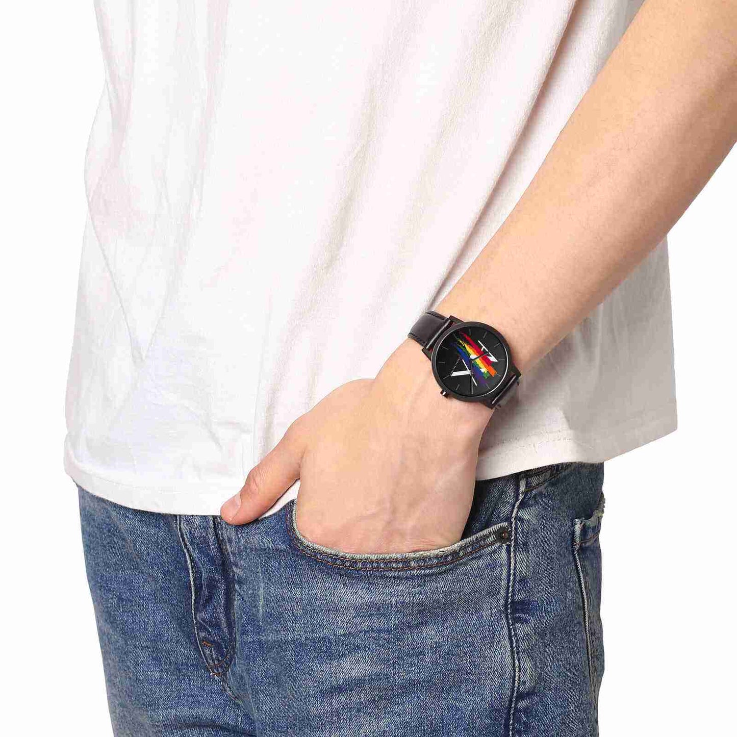 Armani Exchange AX7120 watch worn on wrist showing rainbow dial and black case