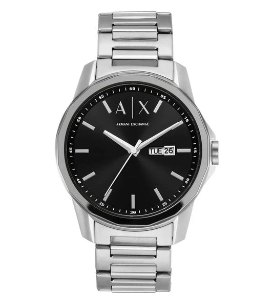 Armani Exchange Banks AX1733 watch with black dial, day-date window, silver stainless steel case and bracelet