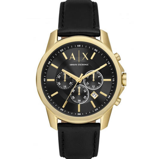 Armani Exchange Banks chronograph watch with gold case, black dial, and black leather strap