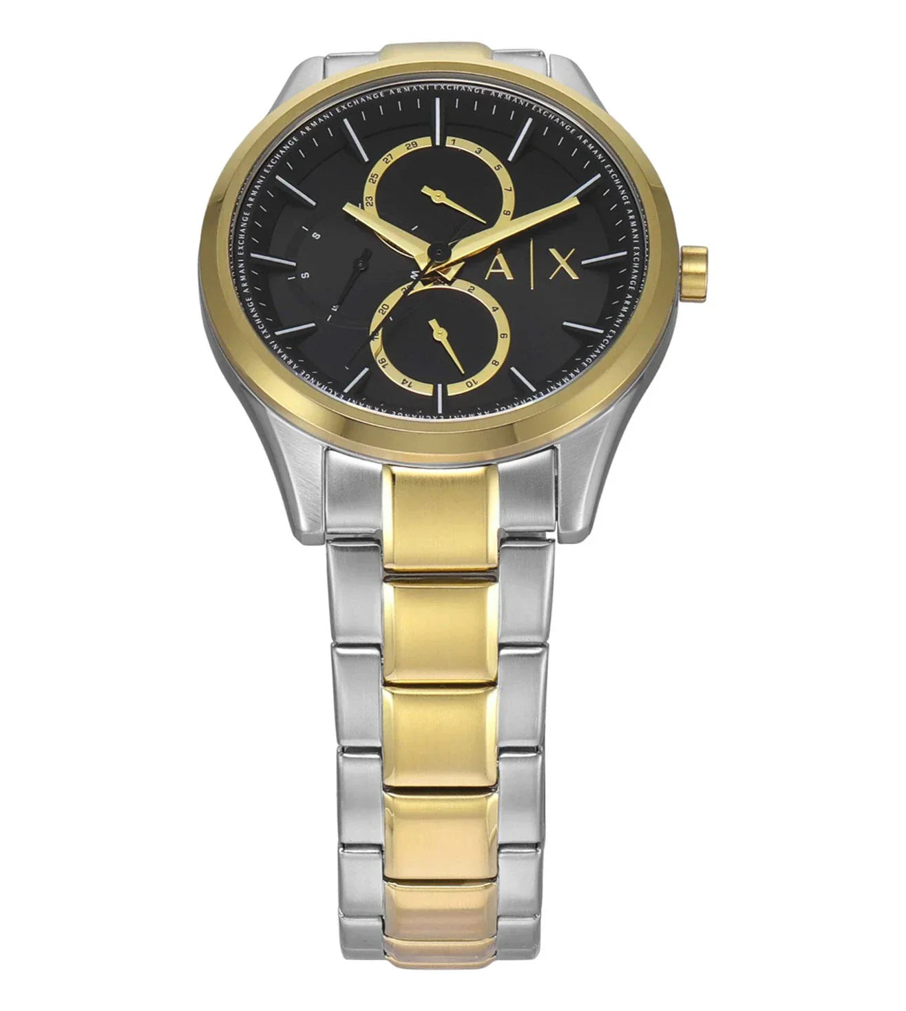 Front view of Armani Exchange Dante AX1865 watch with gold bezel and subdials on black dial