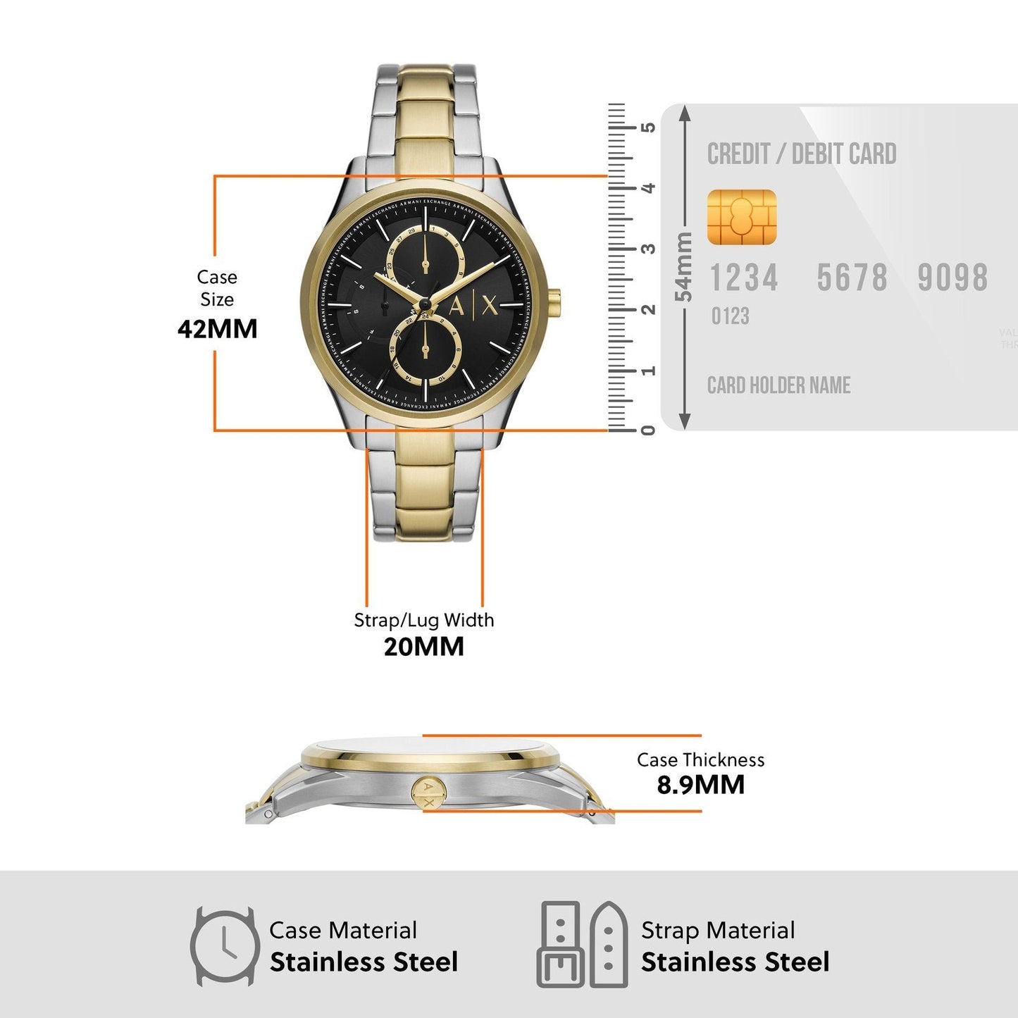 Armani Exchange Dante AX1865 specifications showing 42mm case size, 20mm strap width, and materials
