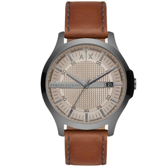Armani Exchange Hampton AX2414 watch with grey dial, brown leather strap, and date window