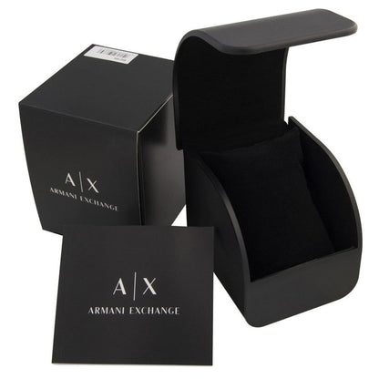 Armani Exchange Leonardo AX1858 watch packaging with black box, protective case, and documentation