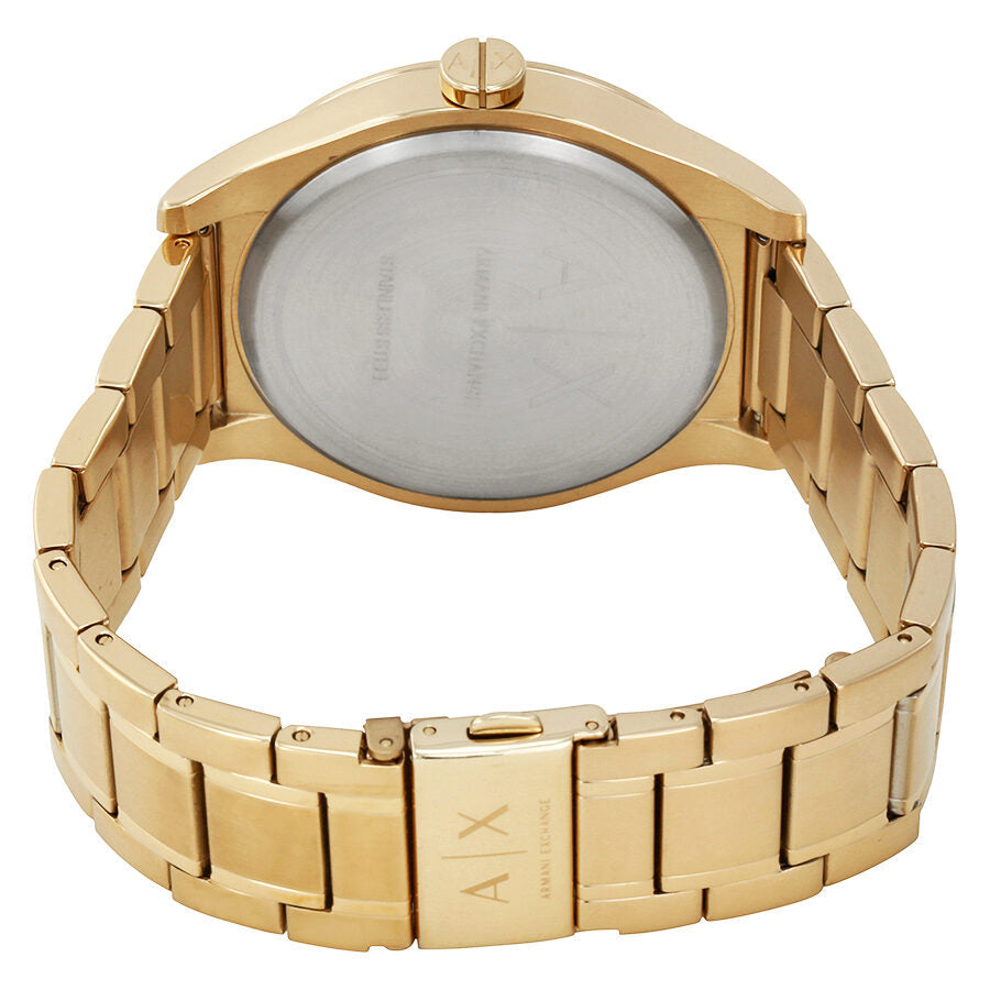 Caseback view of Armani Exchange Nico watch with stainless steel bracelet