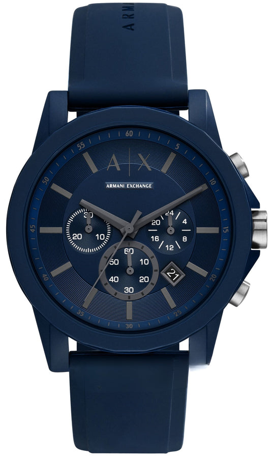 Armani Exchange Outerbanks blue chronograph watch with blue dial and silicone strap