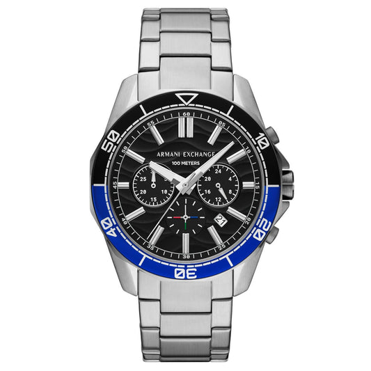 Armani Exchange Spencer AX7166 chronograph watch with black dial, blue bezel, and silver case