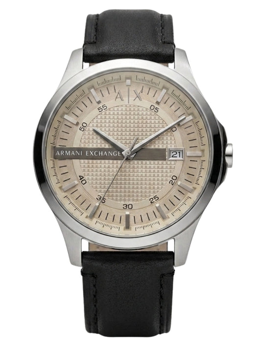 Armani Exchange Whitman AX2100 watch with cream dial, date window, and black leather strap