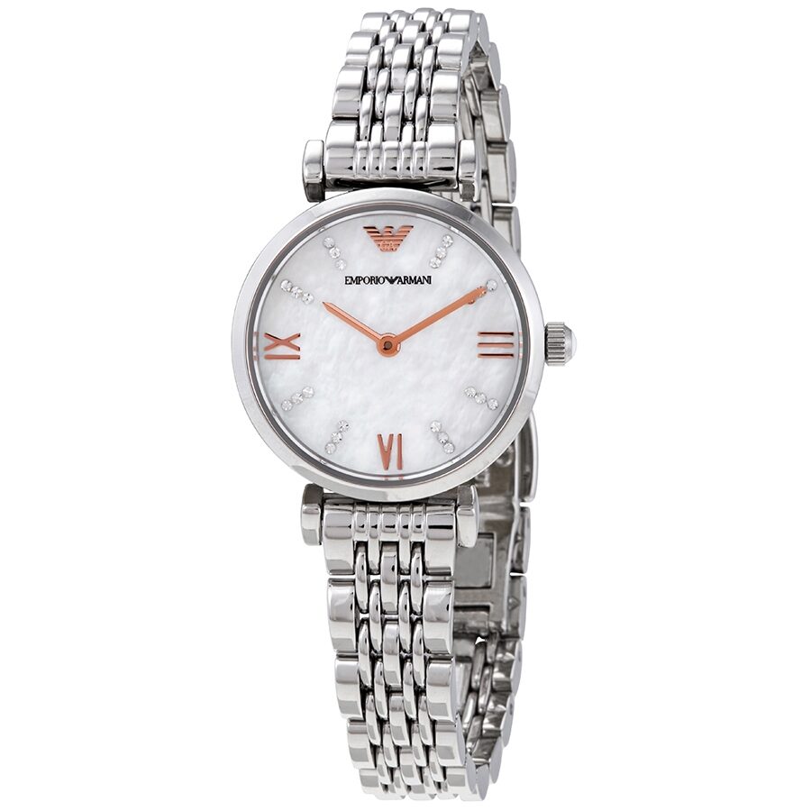 Emporio Armani Gianni T-Bar Quartz Crystal White Mother of Pearl Dial Ladies Watch AR11204