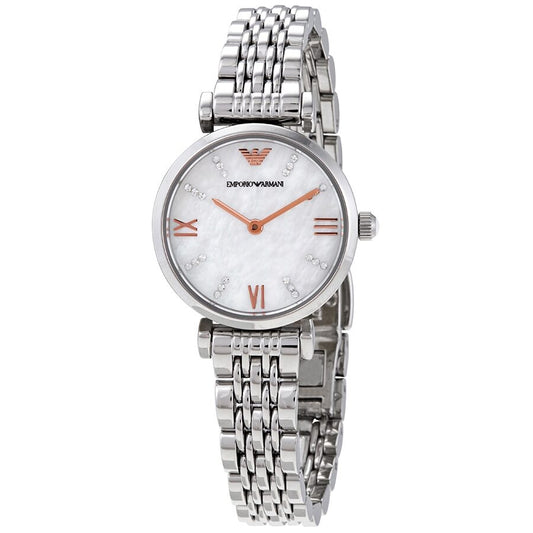 Emporio Armani Gianni T-Bar Quartz Crystal White Mother of Pearl Dial Ladies Watch AR11204