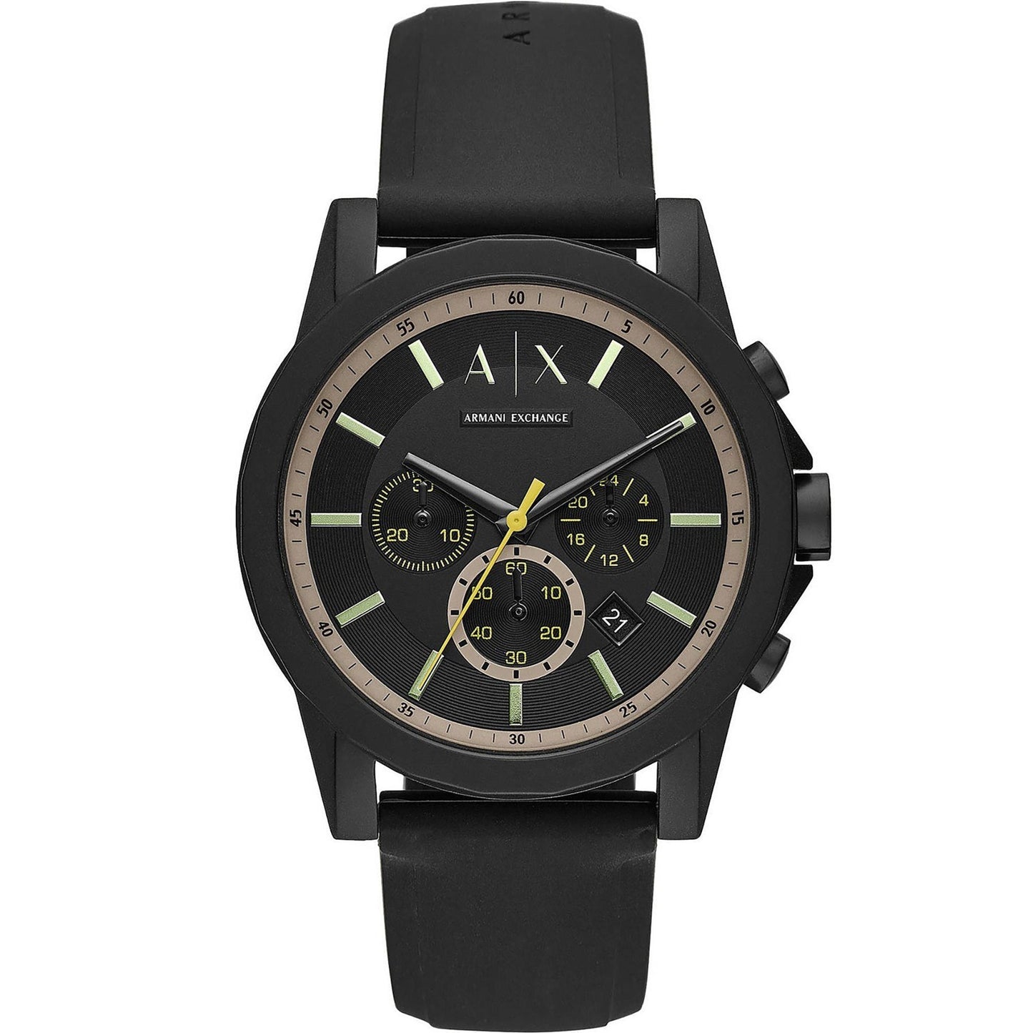 Armani Exchange AX1343 chronograph watch with black dial, rose gold bezel accents, and black rubber strap