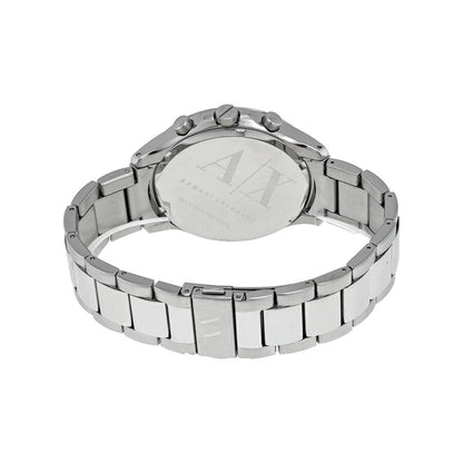 Armani Exchange Hampton watch caseback showing silver-tone stainless steel with AX branding