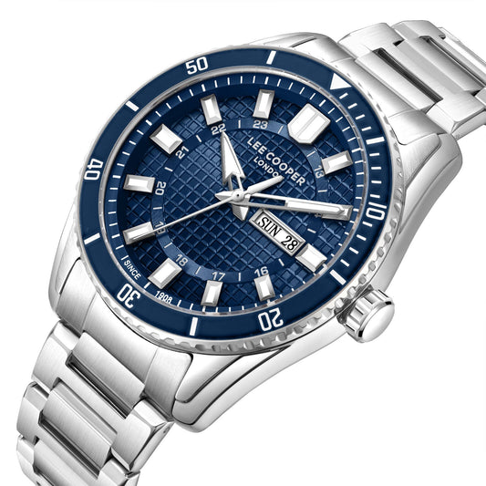 Lee Cooper Donald Day Date Window Blue Dial Silver Watch - LC08314.390