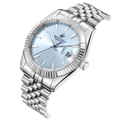 Silver bracelet and sky blue dial of Beverly Hills Polo Club watch at three-quarter angle