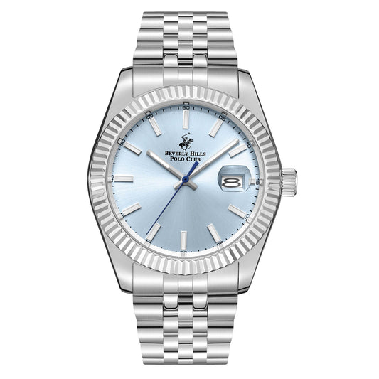 Beverly Hills Polo Club silver stainless steel watch with sky blue dial and date window