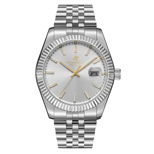 Beverly Hills Polo Club silver watch with fluted bezel, white dial, gold-tone hour markers and hands, and date window