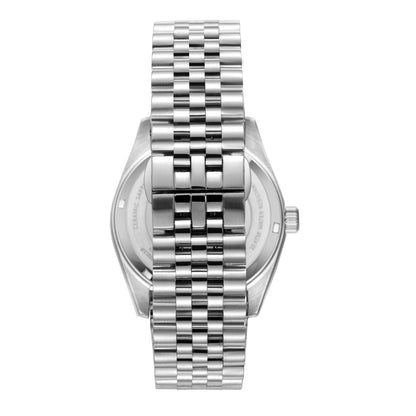 Caseback view showing stainless steel watch case and bracelet