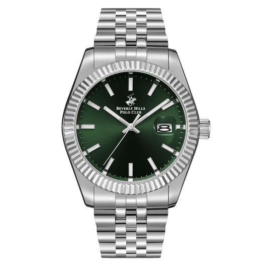 Beverly Hills Polo Club green dial watch with silver stainless steel bracelet and date window