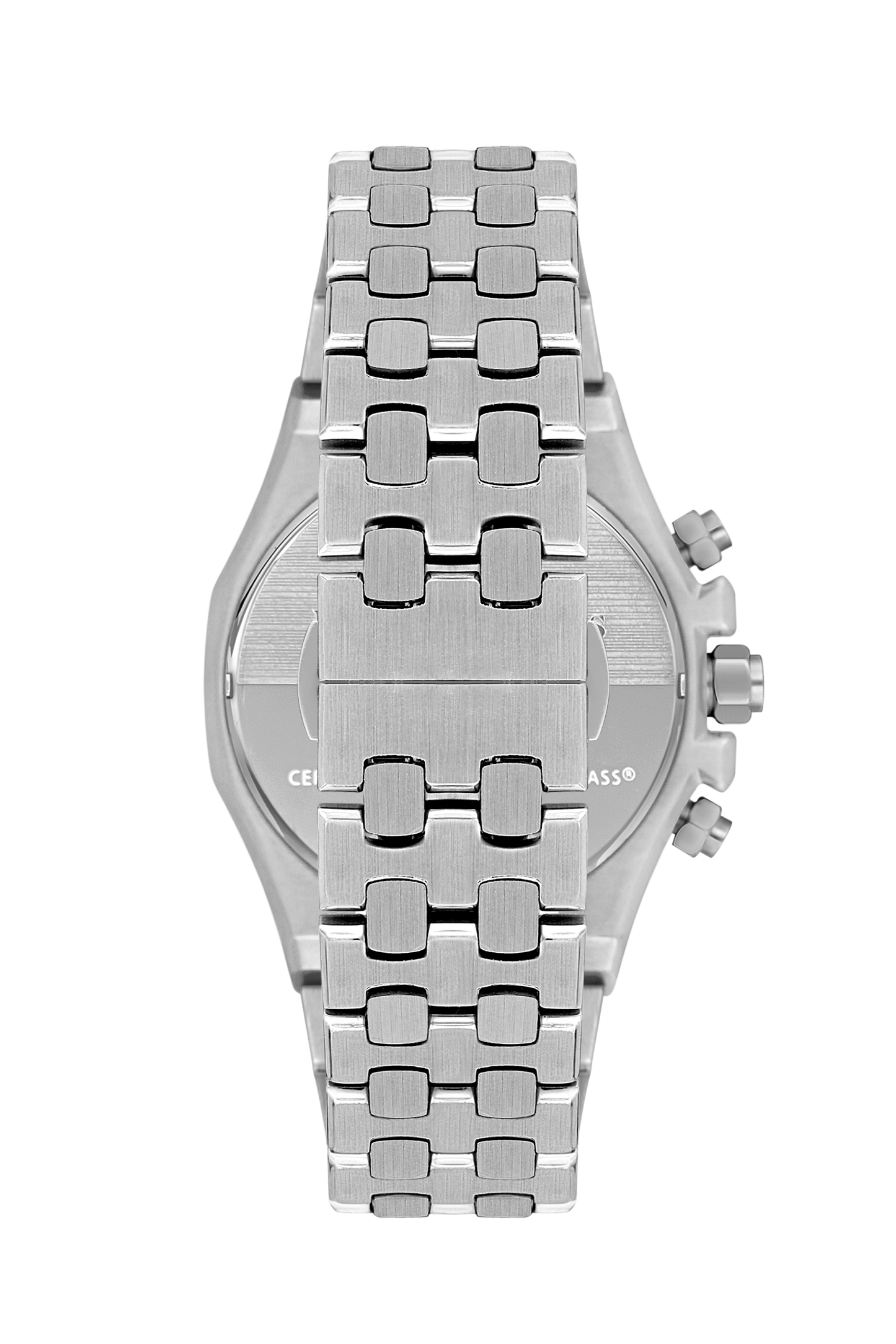 Watch case back showing text and crown detail