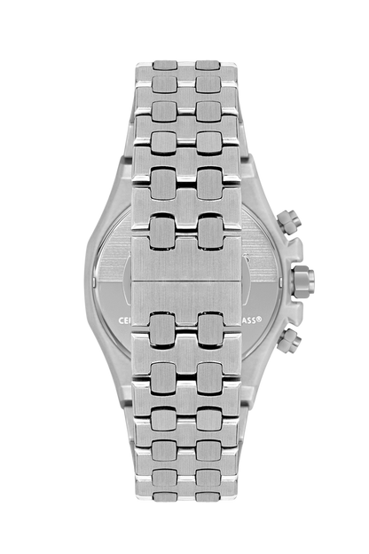 Watch case back showing text and crown detail