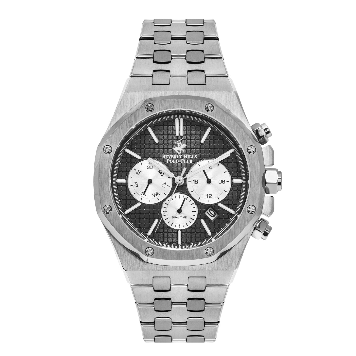 Beverly Hills Polo Club multifunction chronograph watch with black dial and silver bracelet