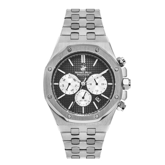 Beverly Hills Polo Club multifunction chronograph watch with black dial and silver bracelet