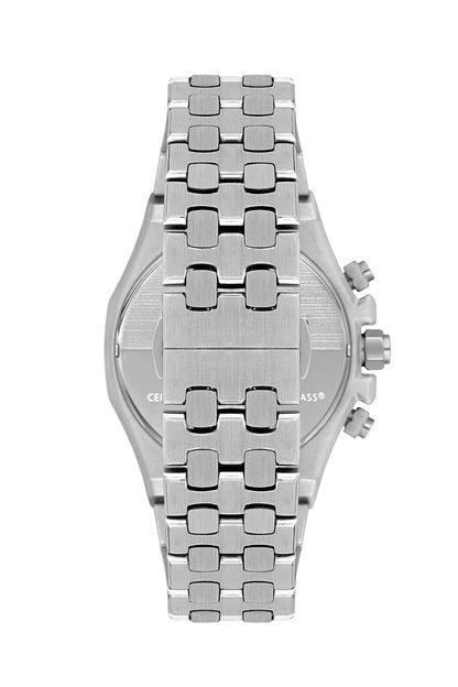 Caseback view of Beverly Hills Polo Club silver chronograph watch with metal bracelet