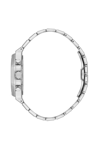 Side view of Beverly Hills Polo Club silver bracelet watch showing case profile and links