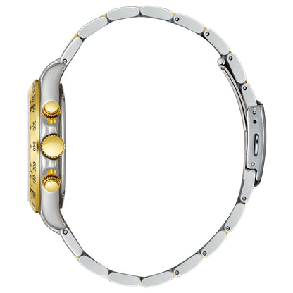 Side view of two-tone chronograph showing gold and steel case with pushers