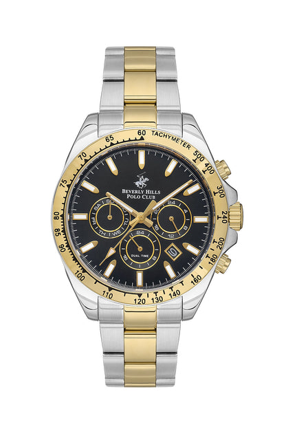 Beverly Hills Polo Club BP3127X.251 two-tone chronograph watch with black dial and gold tachymeter bezel