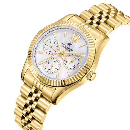 Gold multifunction watch at angle showing mesh bracelet and mother of pearl dial with roman numerals